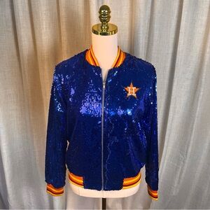 Astros Blue Sequin Bomber Jacket with Orange Knit Trim